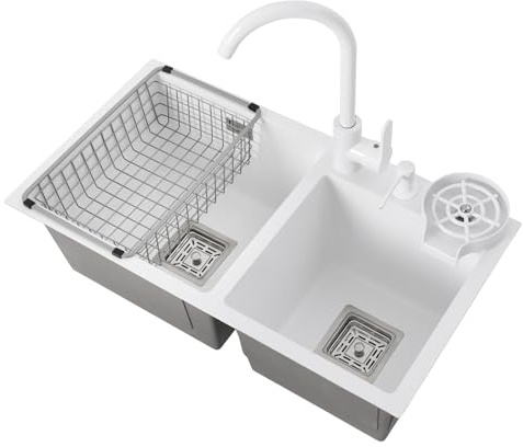 Fregadero comercial de doble cuenco lavabo multifuncional de acero inoxidable para cocina Lavabo de cocina blanco con doble fregadero (71 x 38 con grúa caliente)