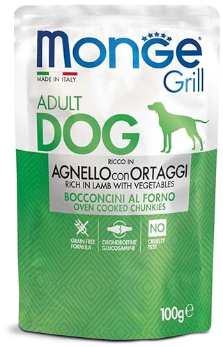 Monge Grill Bocconcini Ricco in Agnello con Ortaggi, Cibo Umido per Cani Adulti, Grain Free, 100g, 12 bustine