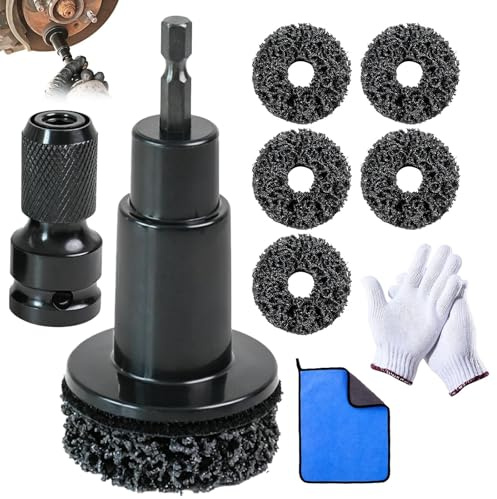 MFSKJELF Wheel Hub Cleaning Kit, Brake Hub Resurfacing Cleaner Tool Kit, with Grinding Head Adapter, Gloves, Car Wash Cloth and 5 Pads, Fits 1/2in Impact Wrenches & 1/4in Hex Shank Electric Drills