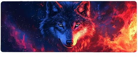 Large Mouse Mat, 30x60cmx3mm, Gaming Mouse Pad, Rubber Base, Stitched Edges, Water Resistant Easy Clean, For All Types, Extend Desktop Protection, Office Men's Gifts, Wolf Flame D1YY-655