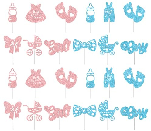 24 Pcs Gender Reveal Cupcake Toppers, Glitter Pink and Blue Boy or Girl Cake Picks, Baby Shower Decorations featuring Pram, Footprints, Baby Bottle and Bow Designs for Party Supplies (Style 1)
