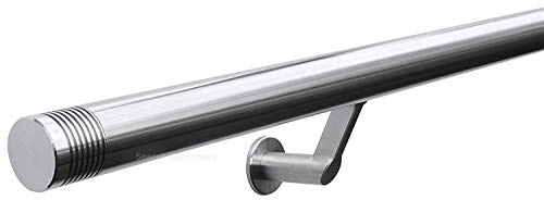 Seagull Balustrades Stainless Steel Stair Handrail - 320-Grit, Satin Brushed Polished Bannister Rail - Pre-Assembled with Contemporary Brackets - Select Length - Multi-Groove Ends - Made in UK