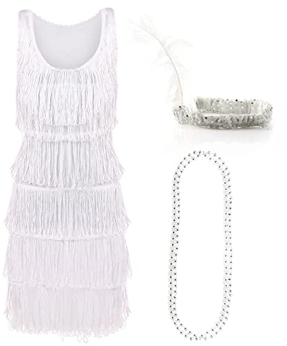 ILOVEFANCYDRESS Costume da Flapper Deluxe per Donna - Abito Bianco con Frange 1920 con Copricapo di Paillettes di Piume Abbinato Charleston Anni 1920 - Taglia: Media (EUR 40/42)