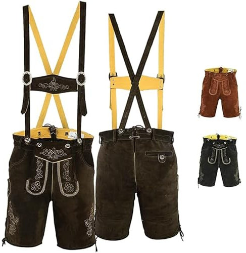 German Wear Kurze Trachtenlederhose Lederhosen mit Hosenträger (DE/NL/SE/PL, Numerisch, 58, Regular, Kurz, Dunkelbraun)