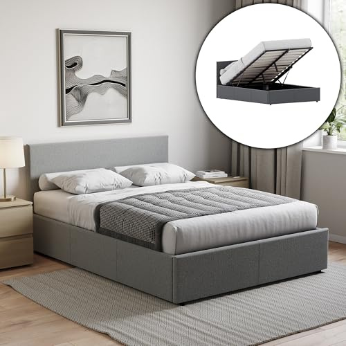 Vida Designs Veronica King Ottoman Bed Frame | Light Grey Linen | 82 H X 159 W x 210 D cm (5ft) | Upholstered Linen Headboard | Gas-Lift | Large Storage | Slatted Base | Premium Bedroom Furniture
