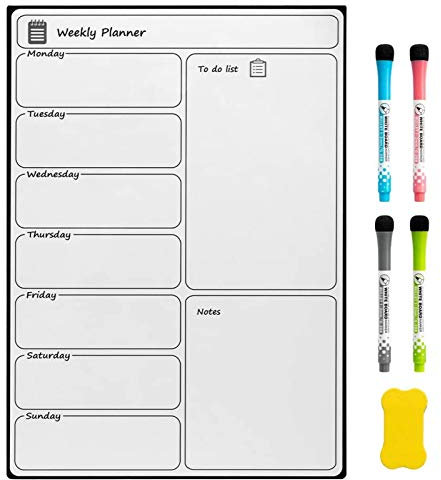 DOEWORKS Fridge Magnetic Whiteboard, Weekly Planner Memo Board A3 Notice Board with 4 Marker Pens 1 Eraser, Drywipe Magnet Fridge Board for Kitchen