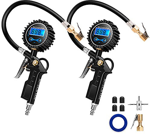 SPECSTAR 2 Stück Digitaler Reifenfüller mit Manometer, Nacht verfügbar, 250 PSI Luftfutter und Kompressor-Zubehör mit Gummischlauch und Schnellanschluss-Aufsatz für 0,1 Bildschirmauflösung