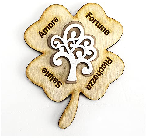 DLM-32415 (Kit 12 Pezzi) Calamita Magnete Legno Quadrifoglio Portafortuna Albero della Vita Bianco Confettata Segnaposto bomboniera