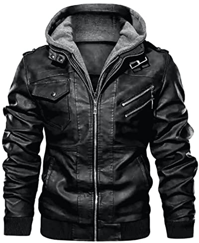WSLCN - Chaqueta motera de piel sintética con cremallera y capucha para hombre, para otoño e invierno, Negro, M