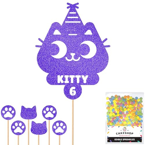 Personalised Birthday Cat Kitten Glitter Cake Topper- Bright Blue Any Name & Age Glitter Cake Decoration and Sprinkles - Happy Birthday Decorations - Personalised Toppers for Cakes by Cakeshop