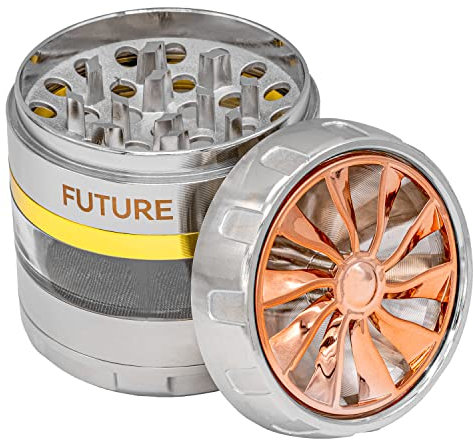 Future 4 Piece Crystal Premier Herb Grinder Portable Spice Grinder with Pollen Scraper -Magnetic Lid Diamond Teeth for Easy Grinding of Herbs Spices & Plants Non Stick 2.1 (55mm, Windmill Silver)