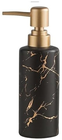 Distributeur de Savon doré pour Salle de Bain ou Cuisine, Bouteille de Lotion Fine en céramique avec Motif marbre, Pompe antirouille (Noir)