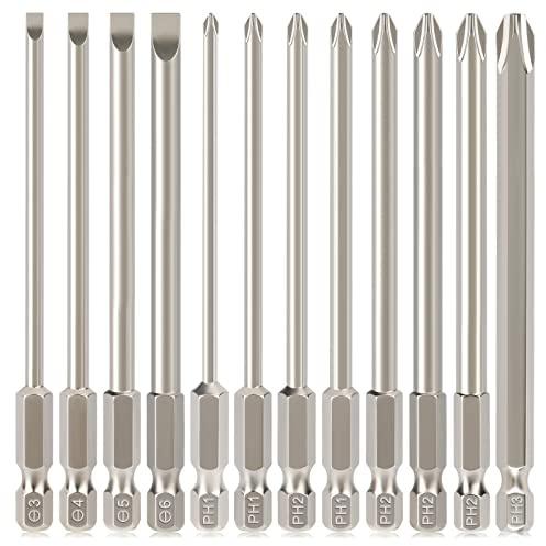 Hakkin 12Pcs 100mm Long Magnetic Flat Slotted Phillips Cross Head Screwdriver Bit Set S2 Steel 1/4” Hex Shank Screw Driver Impact Drill Bits for Furniture Assembly