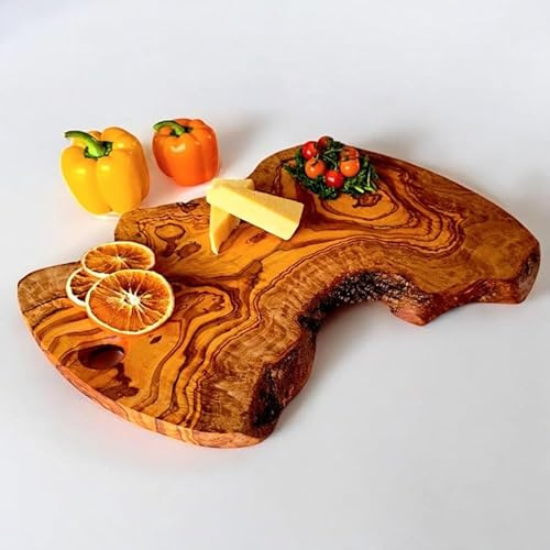Irregular Shape with Hole | Handcrafted Olive Wood Cutting Board with Handle Hole | Rustic Kitchen Serving Tray for Cheese, Bread, Charcuterie & Food Prep (35 cm)