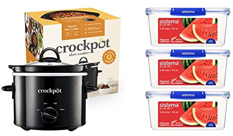 Crockpot Slow Cooker 1.8L and 3 Sistema KLIP IT PLUS 3.35L Food Storage Containers