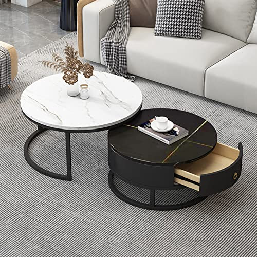 Runder Couchtisch 2er-Set, Beistelltisch-Set mit Schubladen, Sofatisch mit Schiefer-Marmor-Textur, Metallrahmen, moderner Teetisch für Schlafzimmer, Wohnzimmer, Möbeldekor, mehrere Farben