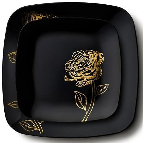 Decorline Peony Eleganta stabila återanvändbara plasttallrikar, 32 st., svart med gyllene blommor, set med 2 storlekar: mattallrikar på 25 cm och desserttallrikar på 18 cm, 16 st. vardera, svart/guld