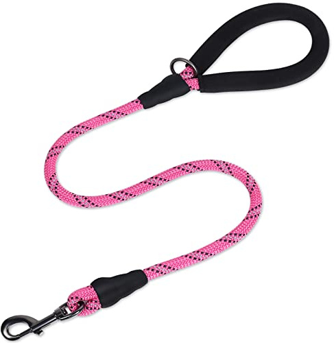 VIVAGLORY Laisse pour Chien en Corde Solide avec Poignée Rembourrée en Néoprène Doux et Fils Réfléchissants, Laisse Courte de 90CM pour Entraînement et Promenade Chiens Petits Moyens, Rose