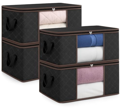 unycos - 4 Pezzi | Scatole per Vestiti 35L, Tessuto con Finestra Trasparente 48x36x20cm, Scatole/Borsa Pieghevoli, Organizzatore Sotto il Letto per Piumini, Asciugamani, Cuscini (Nero/Marrone)