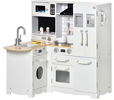 HOMCOM Toy Kitchen, Wooden Kids Kitchen with Realistic Refrigerator, Microwave, Oven, Range Hood, Sink, Telephone, Sounds, Storage Space, for 3-6 Years Old, White