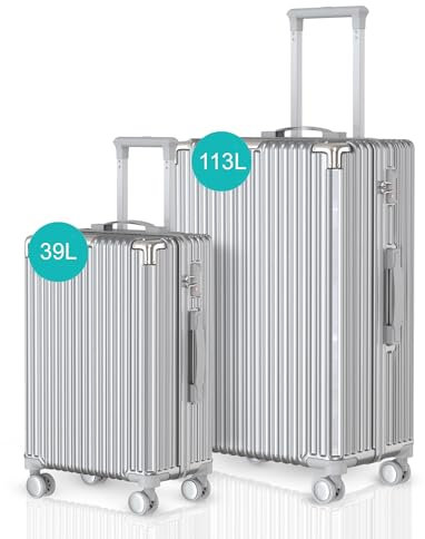 Voyagoux Kofferset 2 teilig - 39L & 113L, Hartschalenkoffer Set, TSA-Schloss, ABS, 4X 360° Rollen, Robust und Leichtgewicht Suitcase, Silber