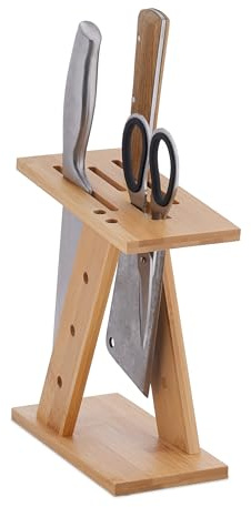 Relaxdays Taco Cuchillos Cocina, Portacuchillos Bambú, Bloque Guardacuchillos Hojas Anchas, 22 x 9,5 x 19,5 cm, Natural