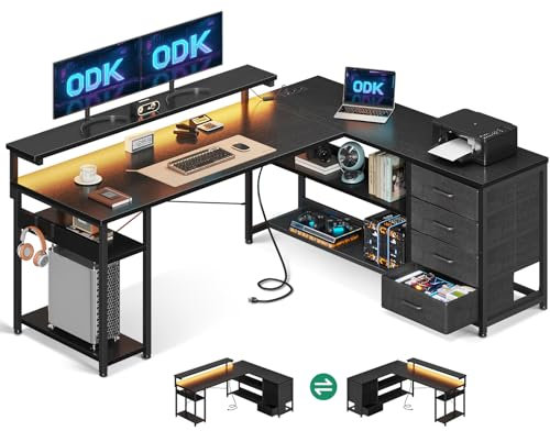 ODK Schreibtisch mit Schubladen, 155×110cm Reversible Eckschreibtisch mit 2 Steckdosen und 2 USB Ladeanschluss, Bürotisch L Form mit LED für Home Office, Schwarz