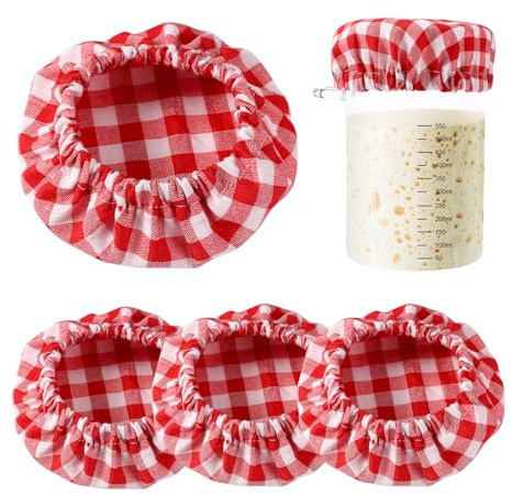 4st Stoff Deckel Gläser, Karierte Baumwolle Stoff Deckel für Marmeladengläser Elastisch Ungebleicht Wiederverwendbar Stoffabdeckung Schüssel für 7,62-10,16cm Glasmündung (Rot)