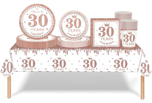 Rose Gold 30th Birthday Decorations - Tableware Set for Her with Tablecloth, Paper Plates, Napkins, Serviettes, and Cups