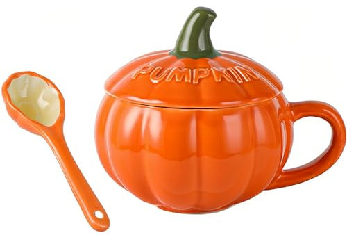 Maxspace Kaffeebecher Keramik, 250ML Kürbis Tassen mit Deckel und Löffel, Niedliche Tassen Suppentassen für Kinder Frauen Freunde Geburtstag Halloween Geschenk Weihnachten (Orange)