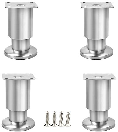 Verstellbare Metall-Möbelbeine, Sofafüße, Schrankfüße, Schrankfüße, Schreibtischbeine, Edelstahl-Möbelfüße, verstellbare Höhe 010 mm, Lager 500 kg, mit Schrauben, gebürstetes Silber, 20 cm, 4 Stück
