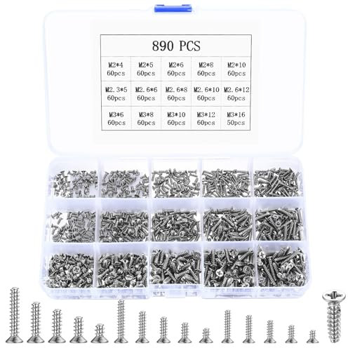 890 Pcs M2 M2.6 M3 Vis Autotaraudeuse à Tête Plate Cruciforme, Assortiment de Vis à Bois, Vis à Tête Fraisée Cruciforme, Vis Autoperceuses à Tête Croisée pour Meubles Métal Plastique