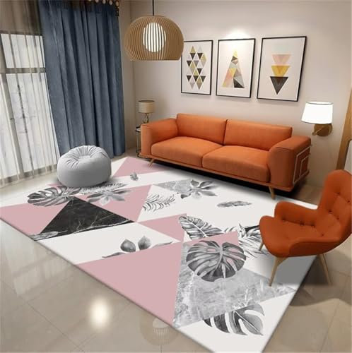 QGYFRE Kurzflor Teppich Großer Kinder Zimmer 200x260CM Rosa Bequemer waschbarer mit grauem Blattmuster