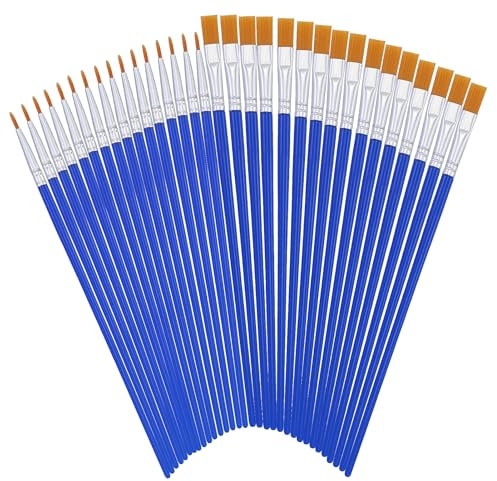 Set di Pennelli 32 Pezzi - 16 Rotondi e 16 Piatti per Dettagli Sottili, Blu, in Nylon per Colori Acrilici e Acquerelli