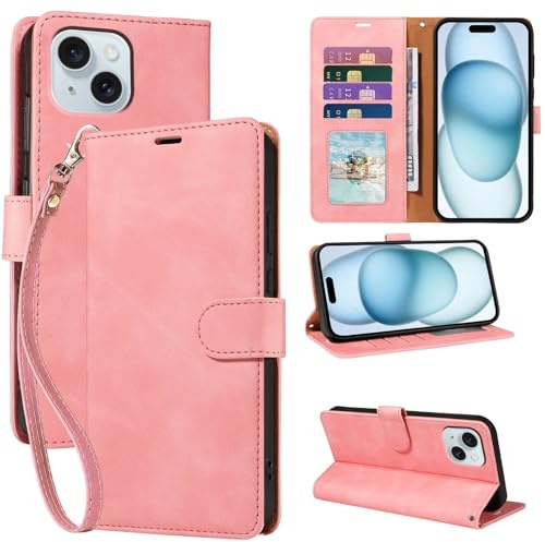 GOTOURED PU Leather Flip Case for iPhone 15 with Wallet (Pink) | RFID blocking, 4 ID/credit card slots, detachable wrist strap, adjustable stand, secure magnetic closure, shockproof