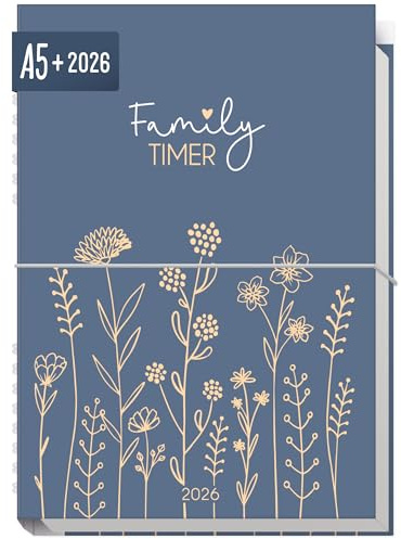 Häfft® Family-Timer 2026 A5+ Fine Flowers Blue 12 Monate für 4 Personen | Familien-Kalender, Familien-Planer 12 Monate: Jan bis Dez 26, Family-Organizer