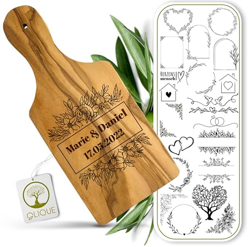 Schneidebrett mit Griff personalisiert, Olivenholz - Rustikales Olivenholzbrett mit Gravur als individuelles Hochzeitsgeschenk (30 cm)