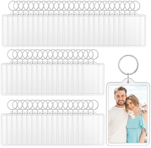 Cositina Lot de 60 porte-clés rectangulaires en acrylique transparent avec cadre photo pour homme et femme - Grand format - 7,6 x 5,1 cm