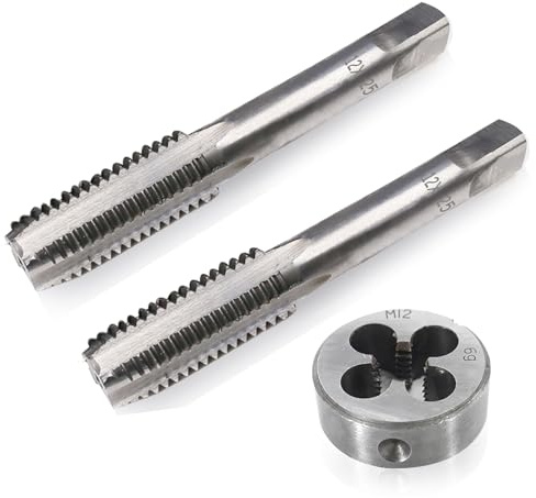 M12 x 1.25mm Metric Tap and Die Set, Thread Screw Tap and Round Threading Dies Straight Fluted Fine Thread Tap and Die Kit Right Hand Threading Tapping Tools for Repair 3pcs
