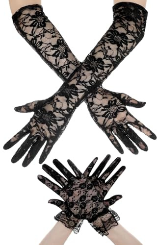 2 Paar Spitzen Handschuhe Netzhandschuhe Spitzenhandschuhe Damen Florales Braut Spitze Dehnbare Handgelenklange Damen Ellenbogenlänge Teeparty Kurze Blumenhandschuhe für Halloween Hochzeitsfeier