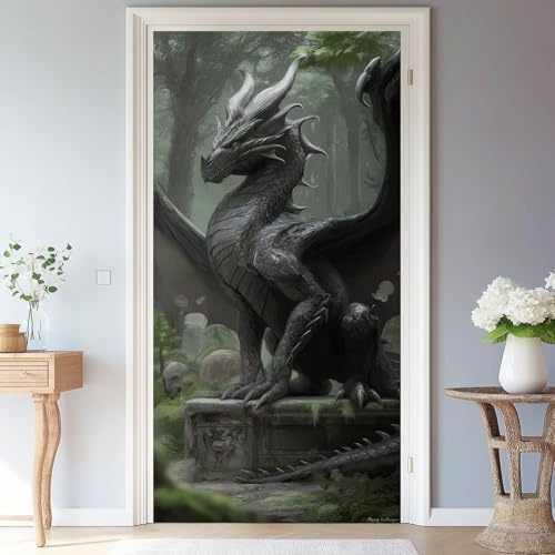 3D Türaufkleber Schwarz Fantasie Tiere Drache Dschungel Tür Türtapete Wandbild Selbstklebend PVC Wasserdicht Abnehmbar Türfolie Fototapete Wohnzimmer Schlafzimmer küche bad büro, 80 x 210 cm