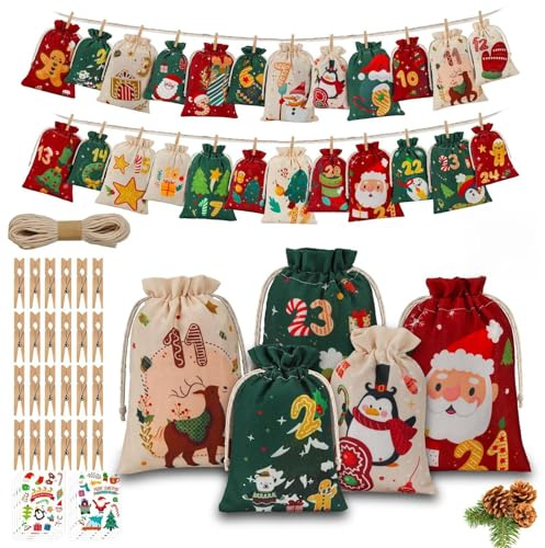 BBWELL Adventskalender zum Befüllen, 24 Stück Weihnachtskalender 2025 Jutesäckchen mit 18x12.5cm & 15x10cm, Adventskalender Säckchen Geschenktüten Weihnachten mit Individuellen Designs