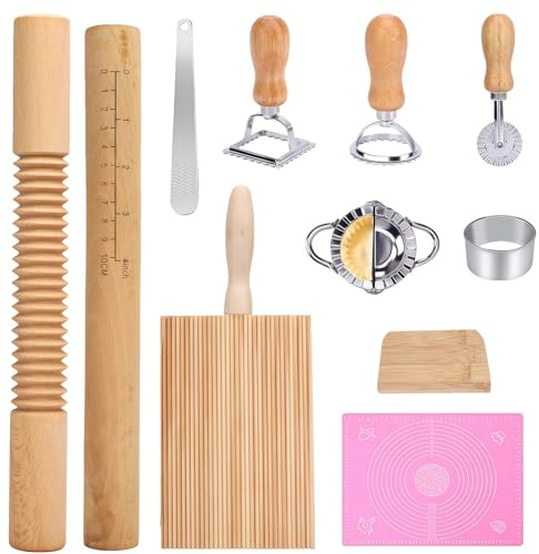 Pasta Maker Set 11PCS | Pasta Making Tools with Dumpling Maker, Ravioli & Meat Pie Cutters, Pastry Roller, Butter Paddles, Silicone Baking Mat 40x30cm | Beginner Gift for Homemade Pasta Lovers