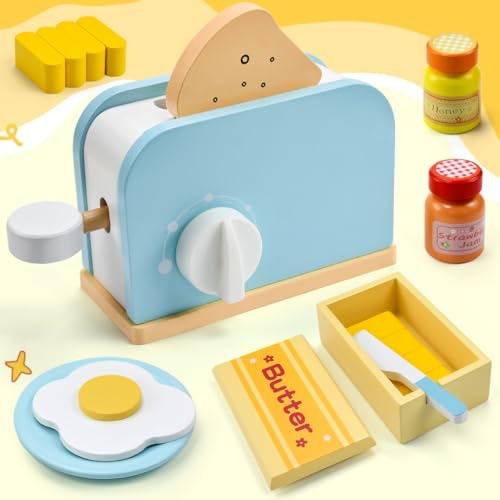 Byfoyif Grille-Pain en Bois et Sandwich, 13 Pcs Accessoire Cuisine Jouet, Jouet Grille Pain Bois, Jouets Imitation Boulangerie, avec Beurre, Sauce, Assiette et Oeufs, pour Anniversaire Fête Éducation