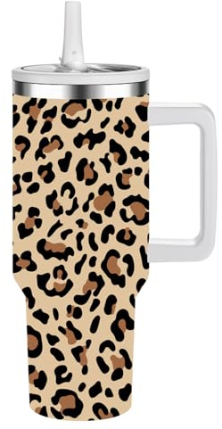 FOLAI Eco-Friendly Insulated Water Bottle,100% Leakproof Stainless Steel Travel Mug Water Tumbler,40 Oz Vacuum Insulated Cup with Handle and Straw Lid,Dishwasher Safe,Gifts for Women(Leopard Print)