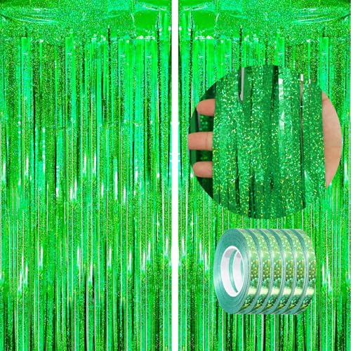 waziwe Lametta Vorhang Grün 2.5x1m (2 Stück), 6 Rollen Luftschlangen, Glitzervorhang Lametta Perfekt für Silvester, Karneval, Fasching, Hochzeit Deko und alle Arten von festlichen Dekorationen | Perfekt für Hochzeit Deko, Geburtstags Deko, Silvester Deko, Geschenkband ,Ballonband und Verschiedene Feierliche Anlässe