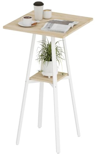 HOMCOM Table de Bar Carrée Table Haute 55x55x95 cm Bois Naturel et Blanc | pour 2 Personnes, Cuisine Mange-Debout, Étagère de Rangement, Cadre en Métal, pour Cuisine, Salon