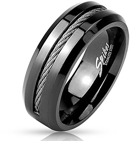 Bungsa Herrenring Schwarzer Ring mit Kabel Mittelring für Männer Edelstahl 60 62 64 67 70 (Ring Damen Fingerring Partnerringe Verlobungsringe Trauringe Damenring Edelstahlring Chirurgenstahl)