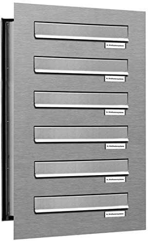 AL Briefkastensysteme 6er Briefkasten Mauerdurchwurf in V2A Edelstahl, 6 Fach DIN A4, wetterfeste Premium Briefkastenanlage Postkasten