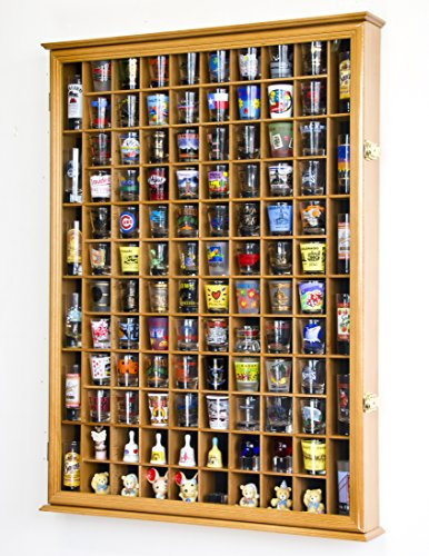 108 Shot Glass Shooter Display Case Holder Cabinet Wall Rack w/ UV Protection -Oak
